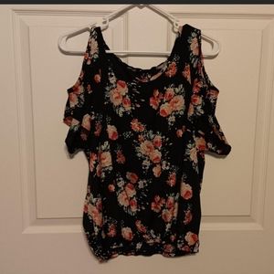 Charlotte Russe black floral blouse with cut out shoulders and stretchy bottom
